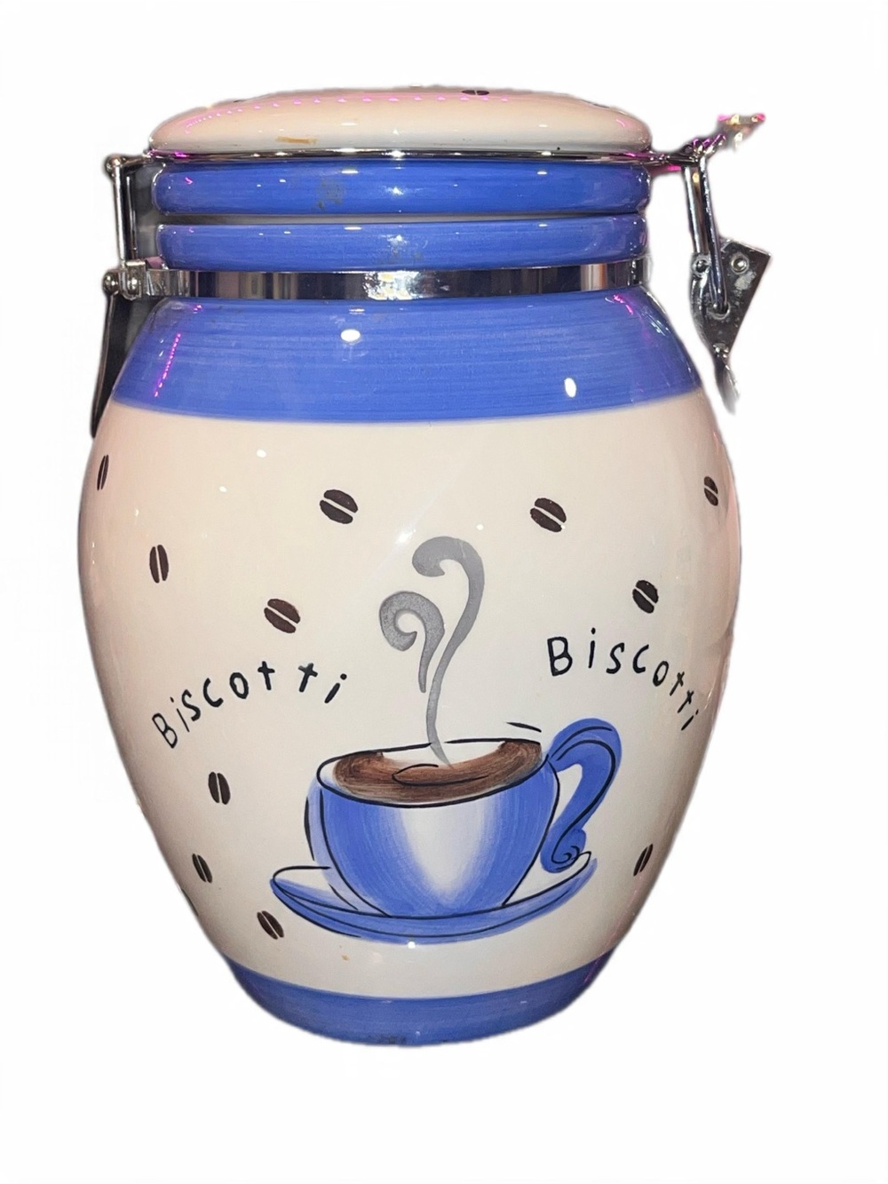 Biscotti Ceramic Cookie Jar with Blue Accent air tight good latch BIG